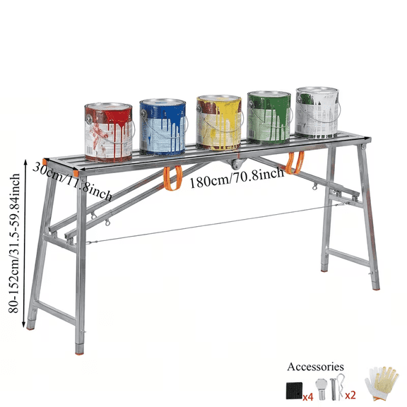 Adjustable Work Platform with 850-1100 Lb Duty Rating, Portable Multipurpose Folding Scaffolding Work Platform Scaffold Tower Ladder Stool Bench Adjustable Height, Carbon Steel Structure