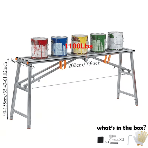 Adjustable Work Platform with 850-1100 Lb Duty Rating, Portable Multipurpose Folding Scaffolding Work Platform Scaffold Tower Ladder Stool Bench Adjustable Height, Carbon Steel Structure