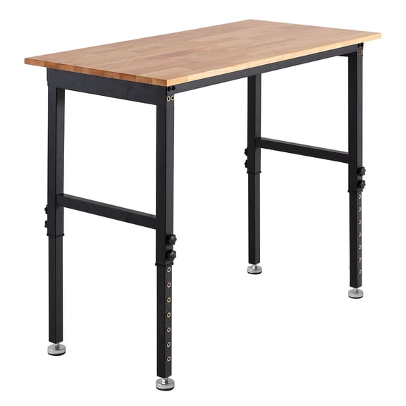 Adjustable Workbench, 1500 lbs Capacity, 48 x 24 Inch Oak Wood Top Workbench with 26.3-40.2 Inch Height Adjustment, Heavy-Duty Hardwood Worktable for Garage, Workshop, Home, Office, Commercial