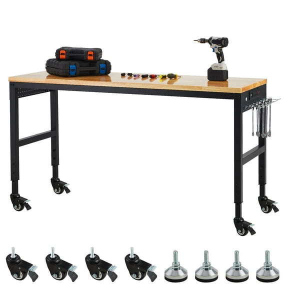 Adjustable Workbench 2000 LBS Load Capacity Garage Worktable with Power Outlet 29.5 38.4 Inch Height Heavy Duty Table for Workshop Office Home Commercial