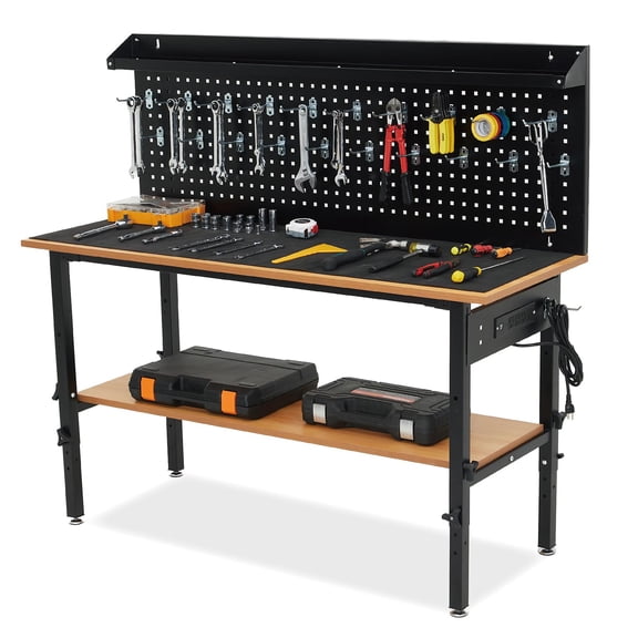 Adjustable Workbench, 60 Inch Work Bench with Power Outlet, Pegboard,Wheels, 2200 Lbs Load Heavy Duty Walnut Wood Top Work Table for Workshop,Garage,Office, Home,Commercial