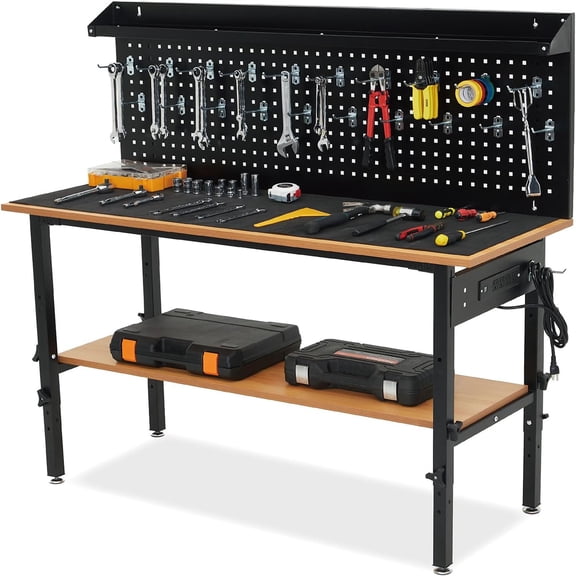 Adjustable Workbench, 60 Inch Work Bench with Power Outlet Wheels, 2200 Lbs Load Rubber Wood Work Table with Pegboard, Walnut Wood Top Work Table for Workshop,Garage