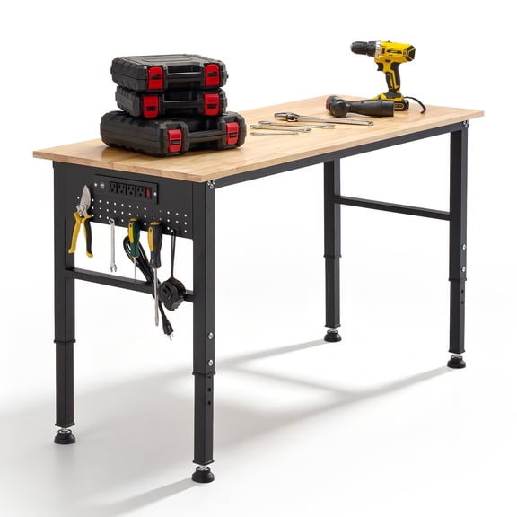 Adjustable Workbench with ETL Certified Power Outlets, 2000 LBS Heavy Duty Rubber Wood Work Bench, 55" x 23.6" Tabletop for Garage, Workshop, Office & Home