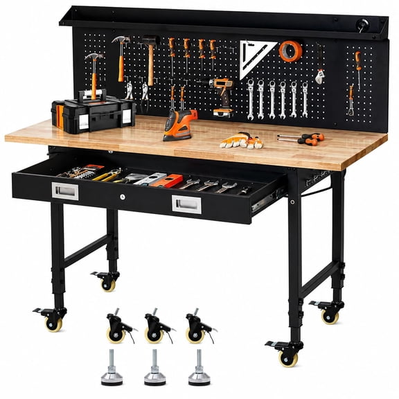 Adjustable Workbench for Garage, 48" Heavy Duty Rolling Work Bench with Power Outlet & Storage Drawer, 2000 LBS Capacity Solid Wood Top Shop Table for Workshop Home Office
