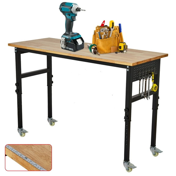 Adjustable Workbench with Power Outlet and Scale – 70 x 21 Inch Portable Bench with Pegboard and 6 Hooks – 8 Height Settings, 2200 lbs Capacity – Worktable for Garage, Office, Home – with Wheels