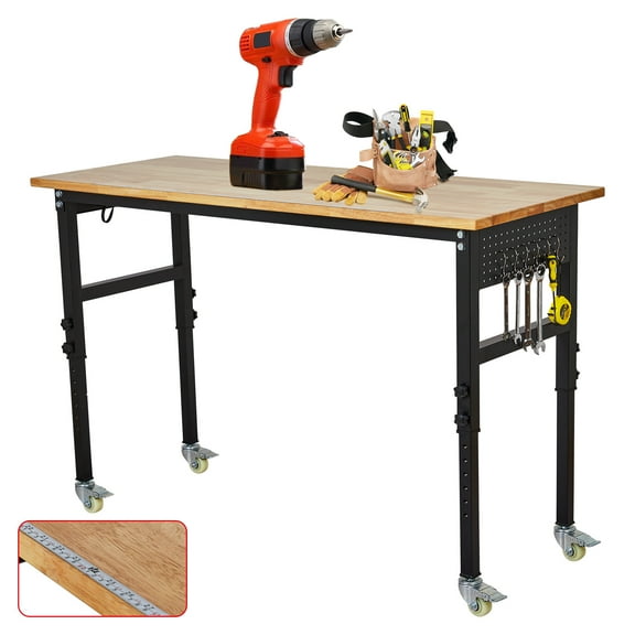 Adjustable Workbench with Power Outlet and Scale – 70 x 21 Inch Portable Bench with Pegboard and 6 Hooks – 8 Height Settings, 2200 lbs Capacity – Worktable for Garage, Office, Home – with Wheels