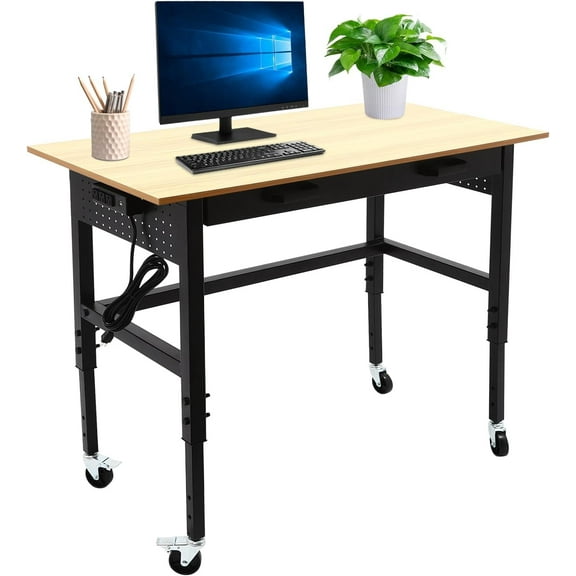 Adjustable Workbench with Power Outlets, 47" L X 24" W Hardwood Workbench Wood Work Station with Universal Wheels, Heavy-Duty Work Benches for Garage Party Shop Office