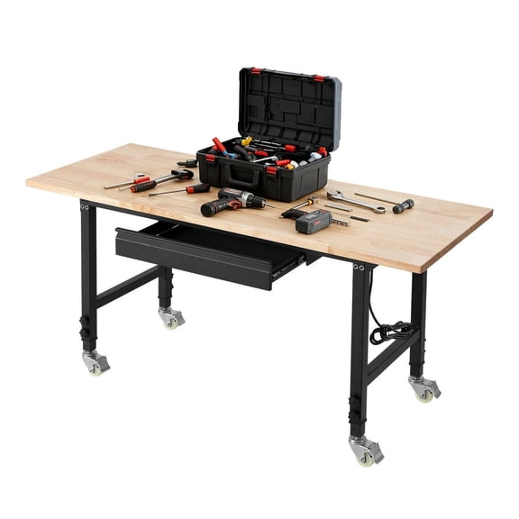 Adjustable Workbench with Wheels - 60x24 Inch Oak Wood Top - 2000 lbs Capacity - Drawer & Power Outlets - Heavy Duty Worktable for Garage, Workshop, Home