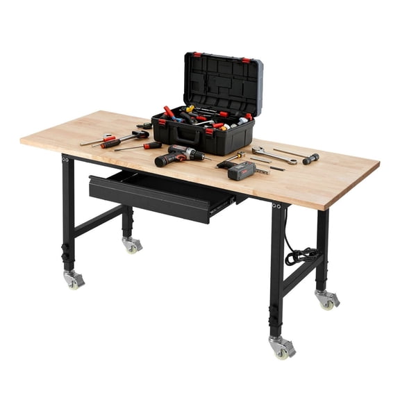 Adjustable Workbench with Drawer & Power, 60x24in, 2000lb Capacity