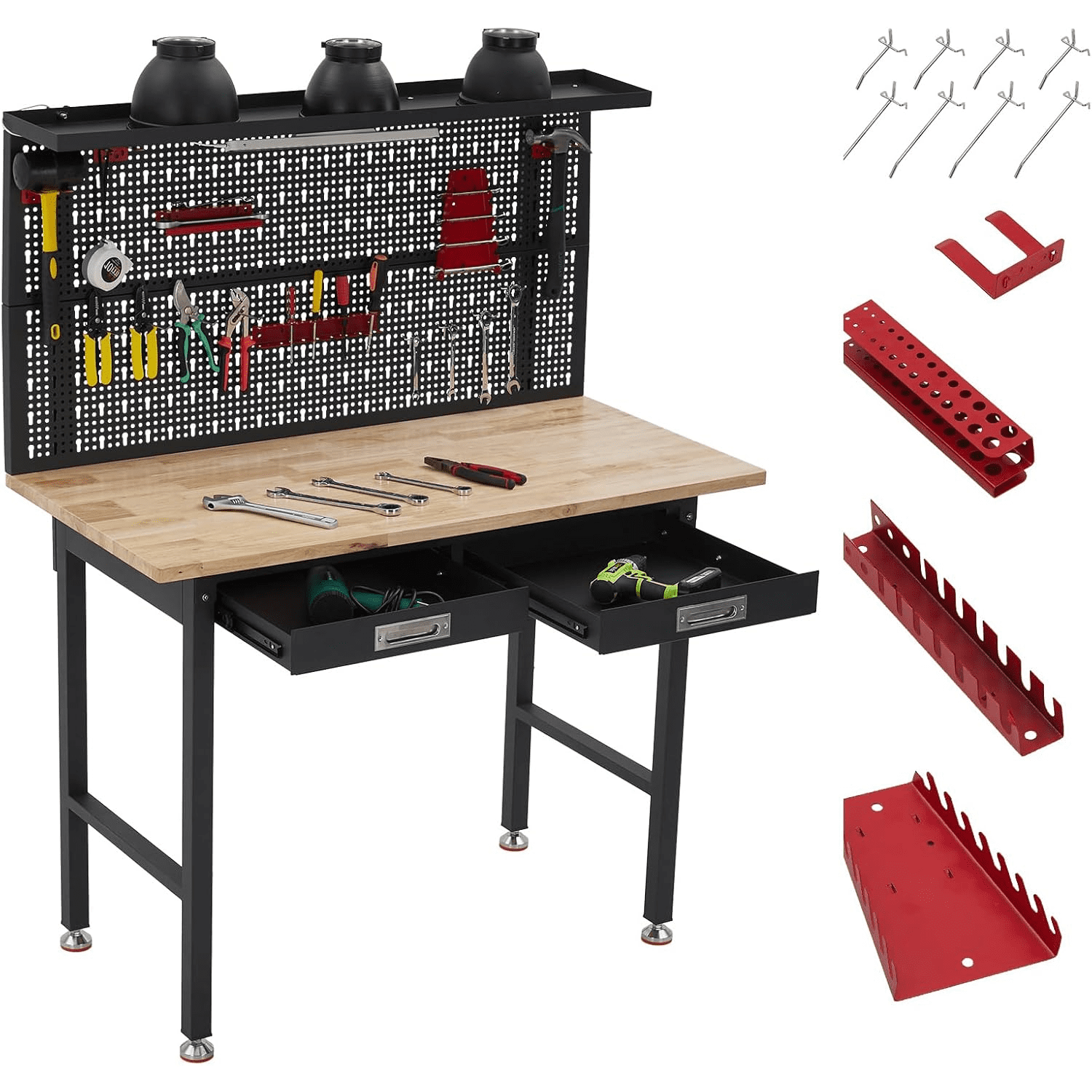 Large Workbench Table Adjustable Workbench with Drawers&Power Outlets Heavy Duty Wooden Table ...