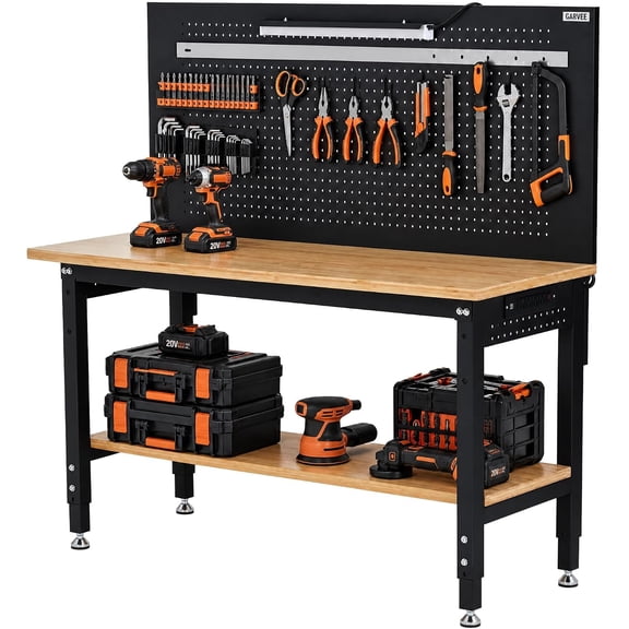 Adjustable Workbench with Pegboard, 60 x 22 in, Black