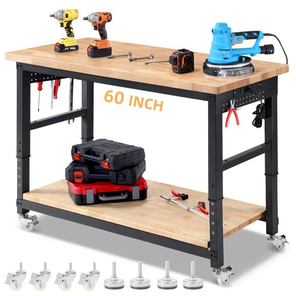 Adjustable Workbench with Storage Shelf Pegboard and Power Outlets 60 Inch