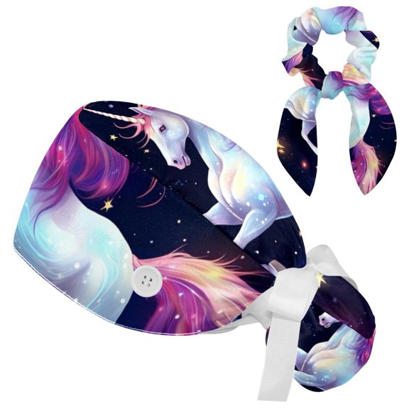 Adjustable Working Cap Starry Unicorn Bouffant Hat with Buttons Scrub Hat with Bow Hair Scrunchy for Woman
