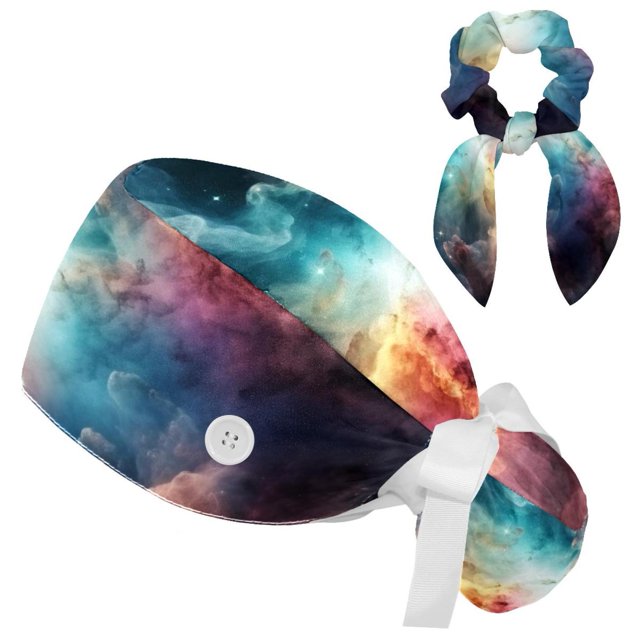 Adjustable Working Cap Stars Nebula Bouffant Hat with Bow Hair Matching