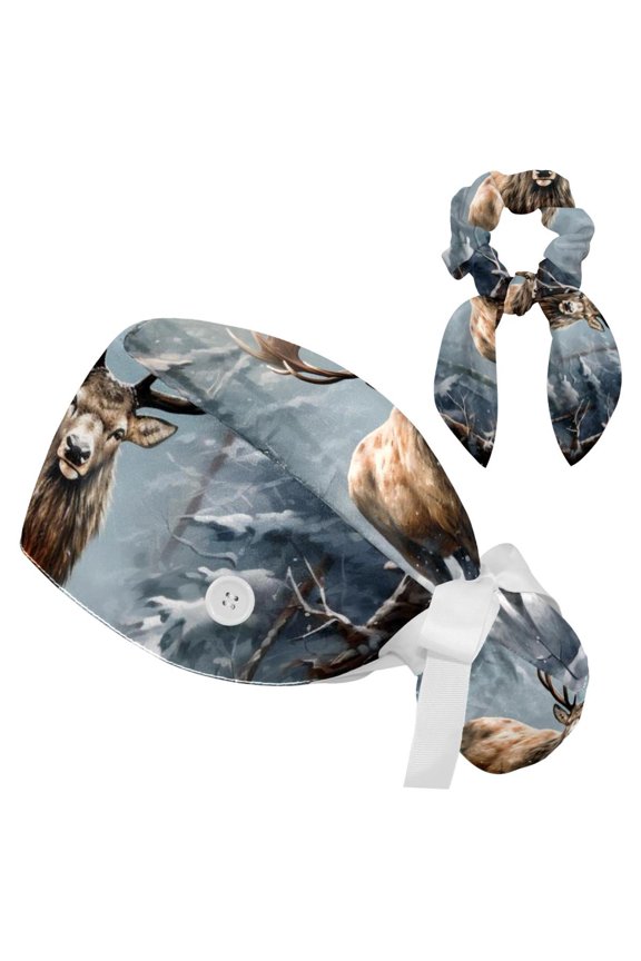 Adjustable Working Cap Vintage Christmas Elk Bouffant Hat with Buttons Scrub Hat with Bow Hair Scrunchy for Woman
