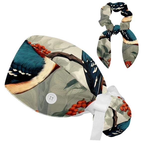 Adjustable Working Cap Woodpecker Bouffant Hat with Buttons Scrub Hat with Bow Hair Scrunchy for Woman