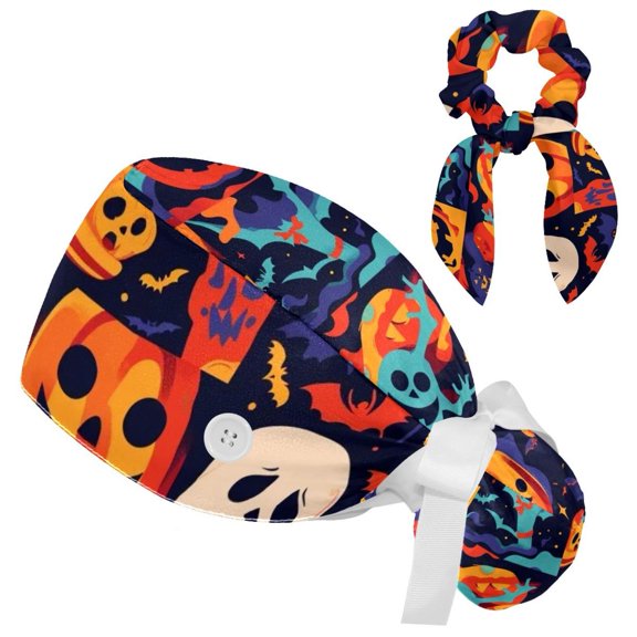 Adjustable Working Cap with Bow Hair Matching Scrunchy, Working Hat Sweatband, Happy Halloween Holiday 6 Bouffant Hat