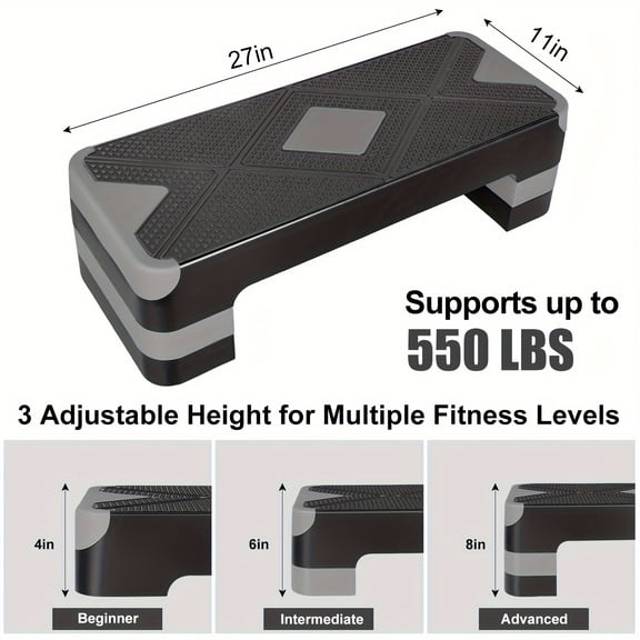Adjustable Workout Aerobic Stepper, Fitness & Exercise Step Platform Trainer, 3 Settings Adjustable Height 4"-6"-8"
