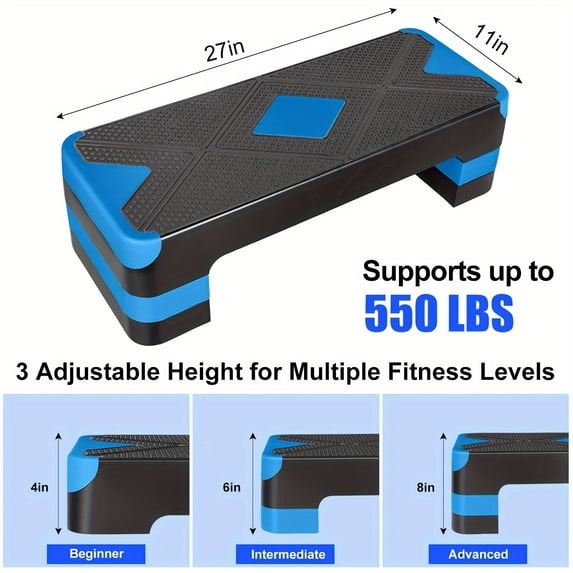 Adjustable Workout Aerobic Stepper in Fitness & Exercise Step Platform Trainer 3 Settings Adjustable Height 4"-6"-8"