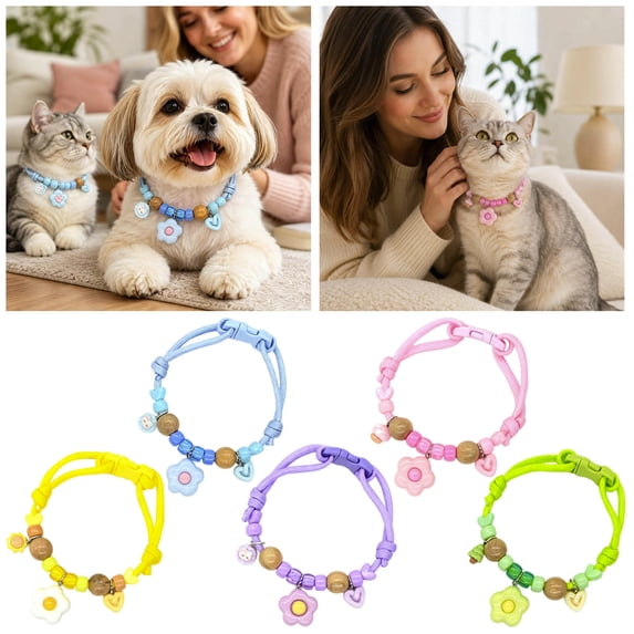 Adjustable Woven Rope Beaded Pet Collar Breakaway Quick Release Buckle Cute Flower Charm Decor Neck Collar for Cats Dogs Multiple sizes