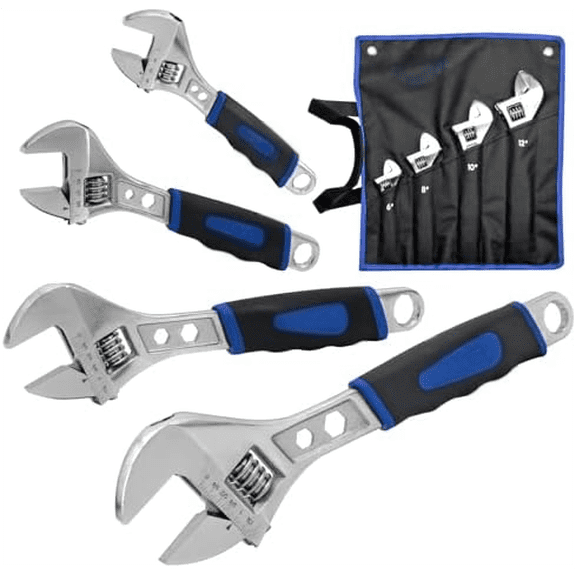 Adjustable Wrench Set (6" 8" 10" 12"), 3-in-1 Spanner Wrench w/Box End/Hex Function, Scales Metric and SAE, Drop Forged CR-V Steel, Chrome Plated, Ergonomic Soft Grip, Hanging/Rolling Bag