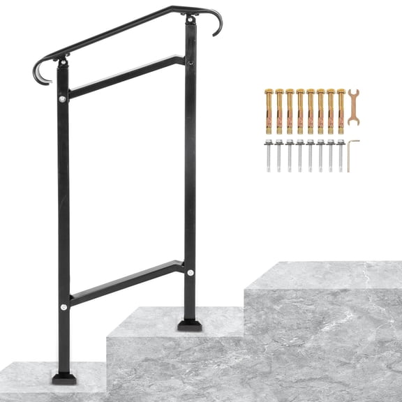 Adjustable Wrought Iron Front Porch Handrail Fits 1 or 2 Steps, Black Transitional Safety Stair Bar for Concrete Wooden Stairs Complete Mount Kit