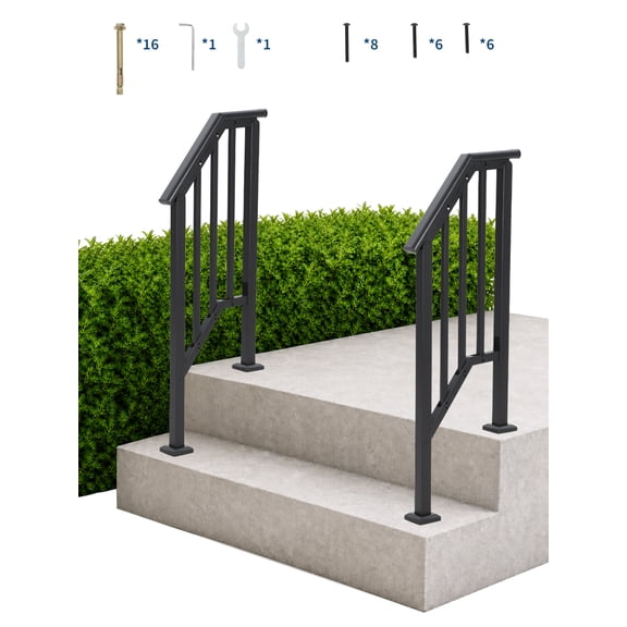 Adjustable Wrought Iron Stair Handrail Kit Transitional Black Railing with Balusters Sturdy 2 step 2 Pcs