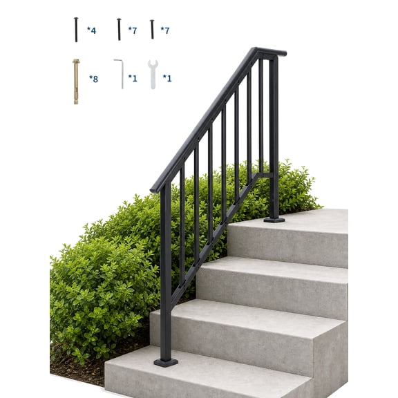 Adjustable Wrought Iron Stair Handrail Kit with Balusters Transitional Black Safety Railing for 4 step 2 Pcs