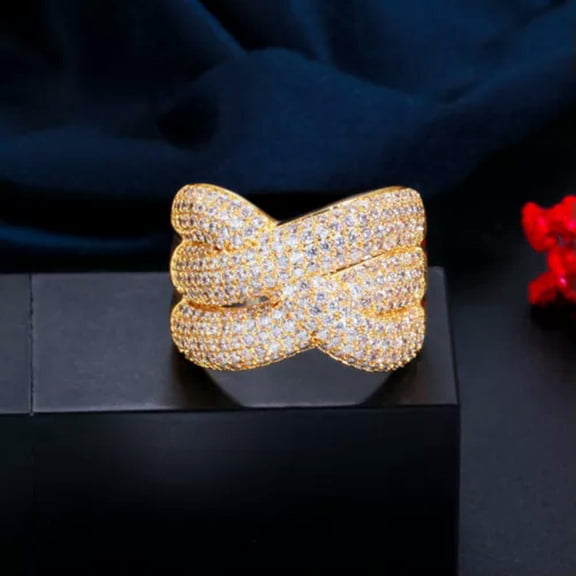 Adjustable Yellow Gold Plated Cubic Zircon Irregular Cross Party Ring for Women