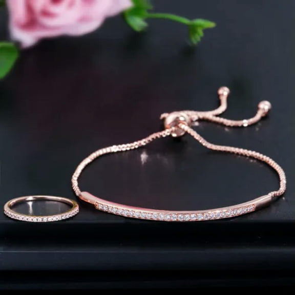 Adjustable Yellow Gold Plated Cubic Zirconia Ring Bracelet Fashion Jewelry Set