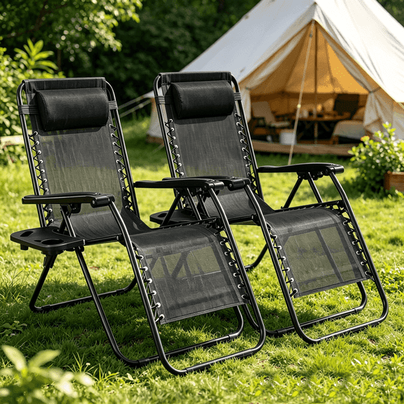 Zero Gravity Chairs Set of 2, Folding Outdoor Lounge Recliner with Side Tray & Adjustable Pillow, Heavy Duty Portable Lawn Chairs for Patio, Pool, Backyard, Black