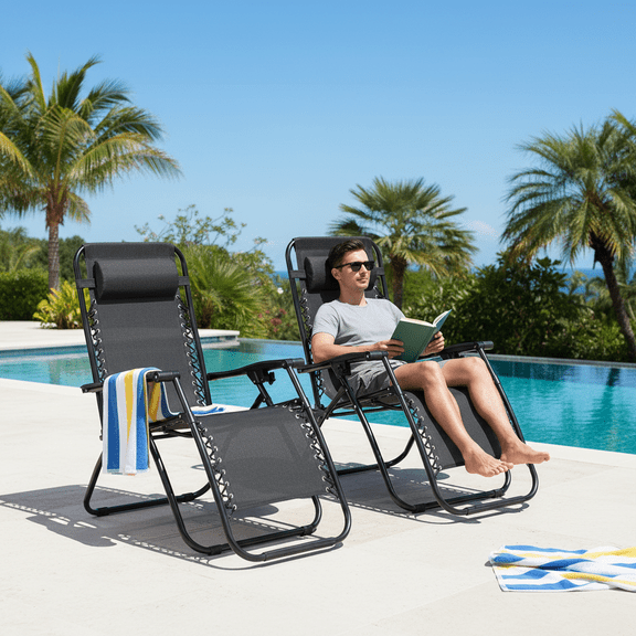 Adjustable Zero Gravity Chair Set of 2 , With Pillow and Cup Holder, Lounge Chair Recliners for Patio, Poolside, Garden, Backyard, Lawn (Black)