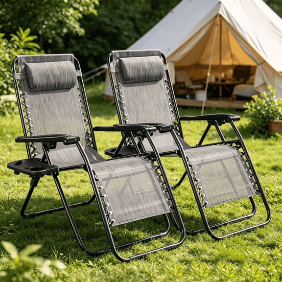Adjustable Zero Gravity Chair Set of 2 , With Pillow and Cup Holder, Lounge Chair Recliners for Patio, Poolside, Garden, Backyard, Lawn (Gray)