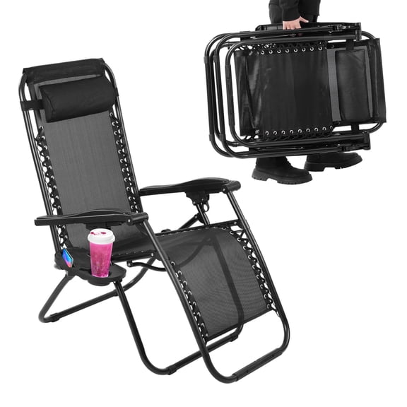 Adjustable Zero Gravity Lounge Chair with Pillow and Cup Holder Black 1 Piece