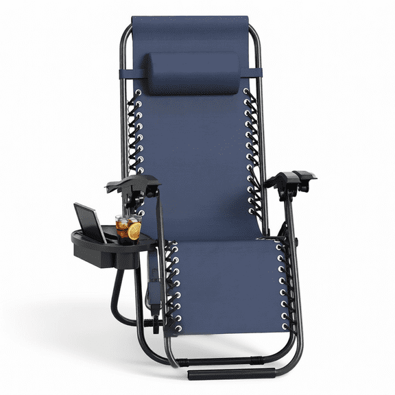 Adjustable Zero Gravity Recliner Chair with Side Tray, Navy Blue Portable Folding Lounge Chair for Outdoor Patio Poolside