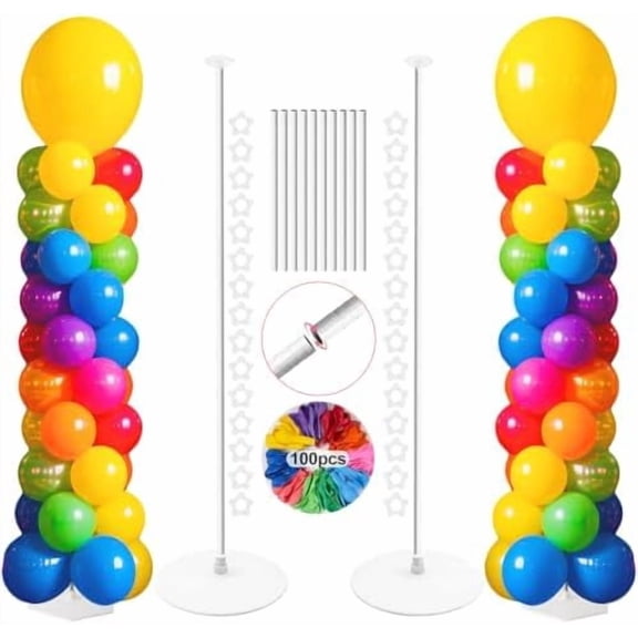 Adjustable balloon columns set of 2 with balloons (Includes 100 Colorful Balloons), 78 Inch balloon tower Reusable Metal Telescopic Design for Weddings, Birthdays, Baby Showers.