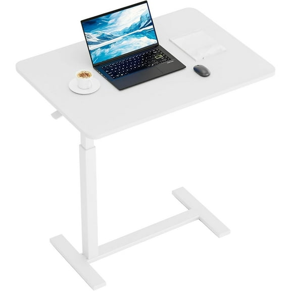 Adjustable bedside table with wheels, suitable as a laptop desk, white