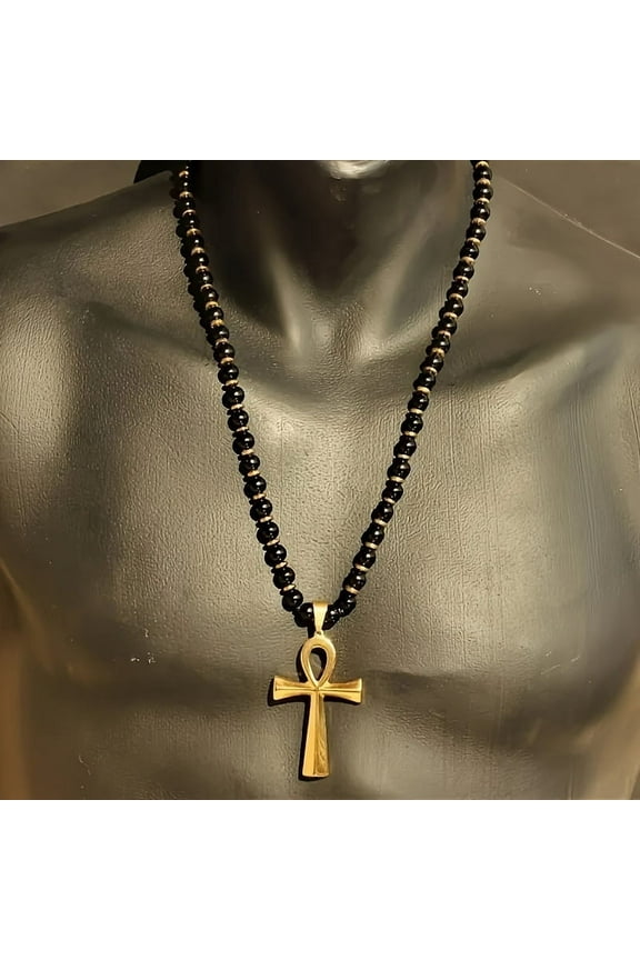 Adjustable cross Natural black agate gem beaded lace necklace - Unique protective symbol jewelry - Fashion gift for him, her, mom and loved ones,Black