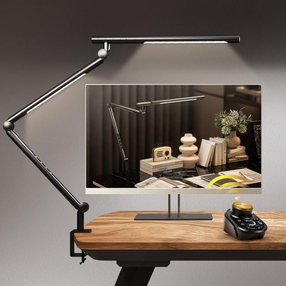 Adjustable desk lamp modern black-clamp desk lamp with desktop remote control, brightness and color temperature adjustable, 5 lighting modes, suitable for reading, computer