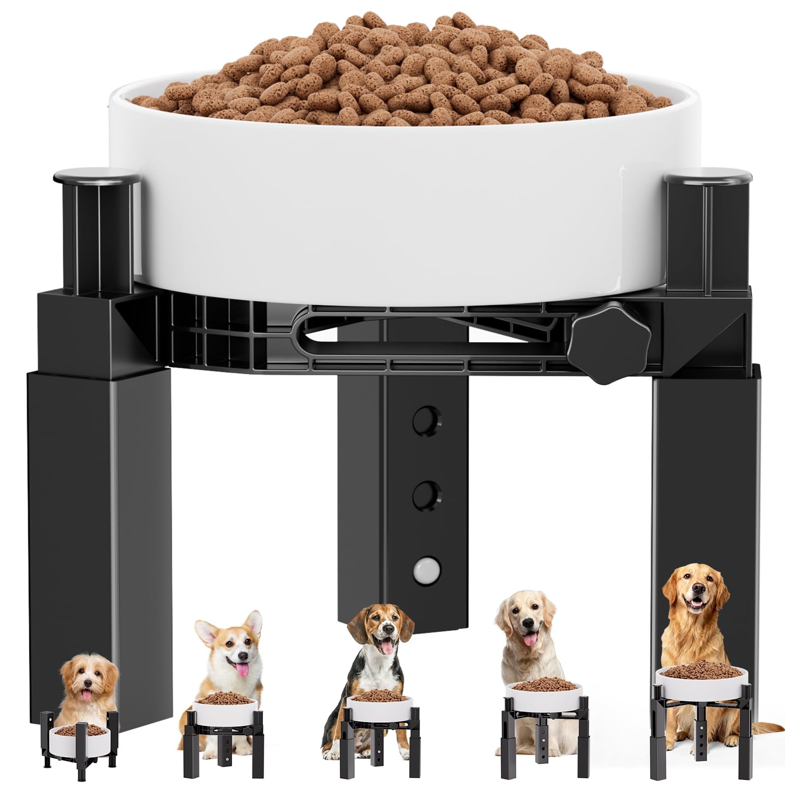 Adjustable dog bowl stand w/ non-slip base fits all bowl types (steel/ceramic/plastic). Promotes digestion & joint health. For S/M/L dogs. Black