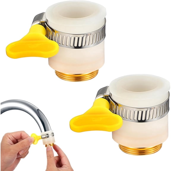 Adjustable faucet adapter for faucets with outer diameters of 1314mm, 16.518mm and 2223.5mm, convertible to 55/64"-27 external thread for common faucet-type and countertop water purifiers.