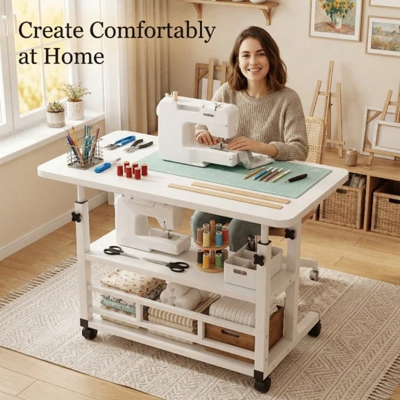 Adjustable-height mobile sewing worktable, roller-type worktable, equipped with lockable casters, storage rack and side hooks, suitable for sewing, handicraft making and home handicrafts