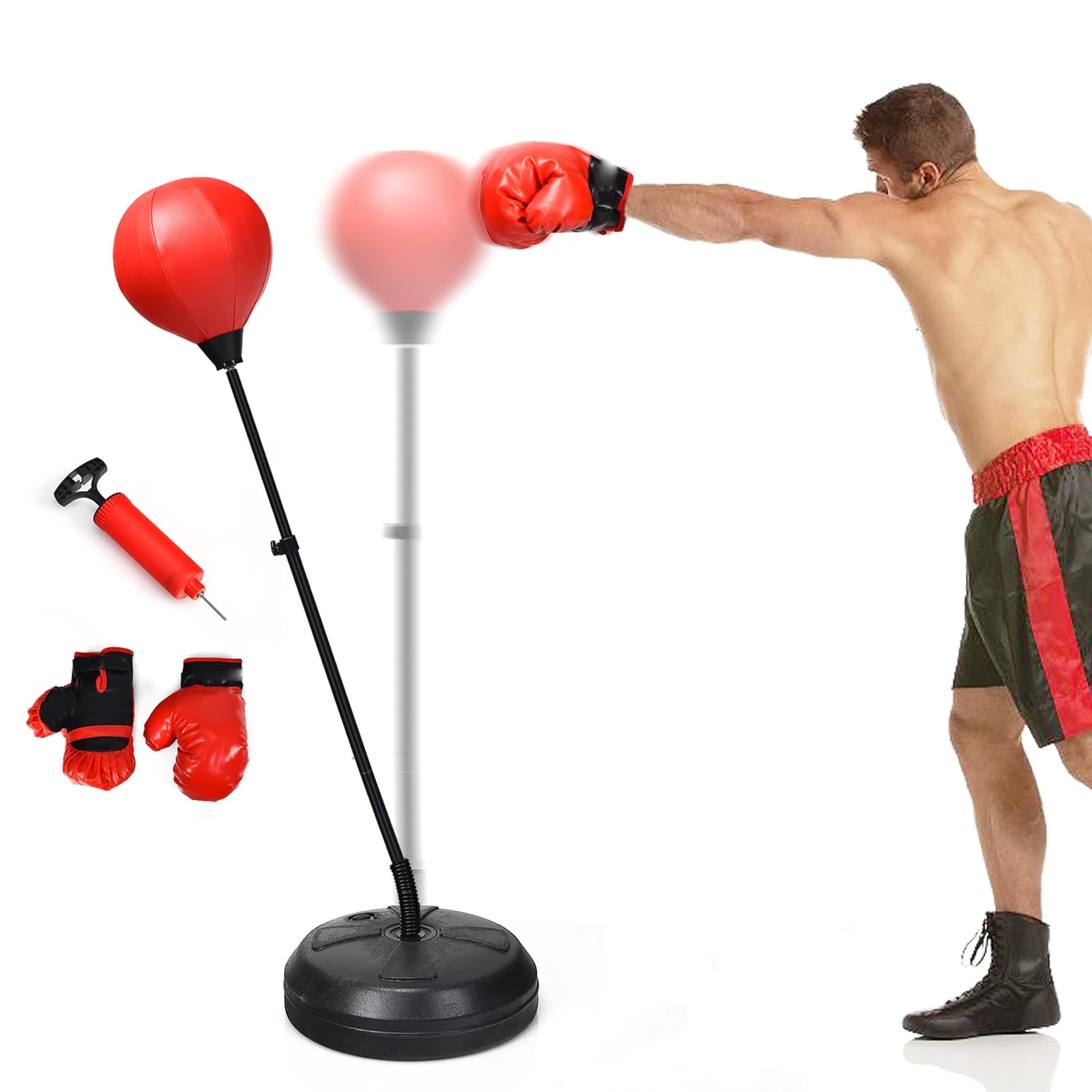 Adjustable height punching bag set for boxing training, freestanding heavy bag with stand gloves pump reflex ball, perfect for adults home gym workout, red
