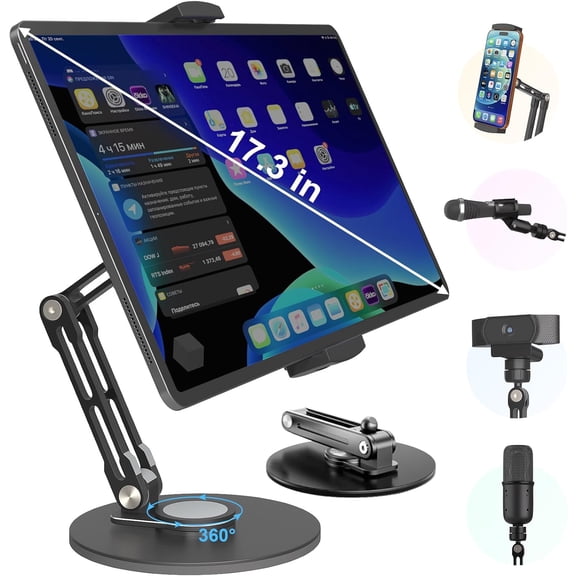 Adjustable iPad Stand,360 Rotation iPad Heavy-Duty Base Mount ,Aluminum Alloy Foldable Tablet Holder for 4.7-17.3" iPhone /iPad Pro/Tablet/Portable Monitor, Mic Clip Screw Adapters for Microphones