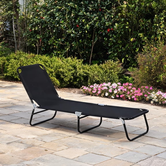 Adjustable outdoor chaise lounge in classic black with steel frame and breathable mesh, ideal for poolside or beach relaxation