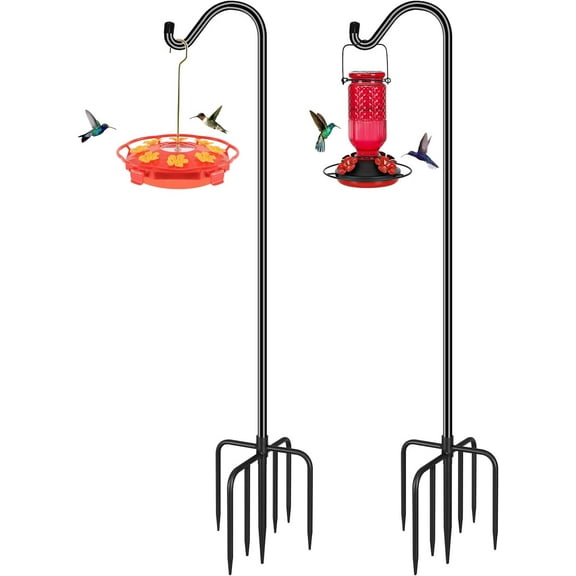 Adjustable shepherd hook bird feeder pole with fork base, heavy-duty outdoor garden pole for hanging bird feeders and plant baskets