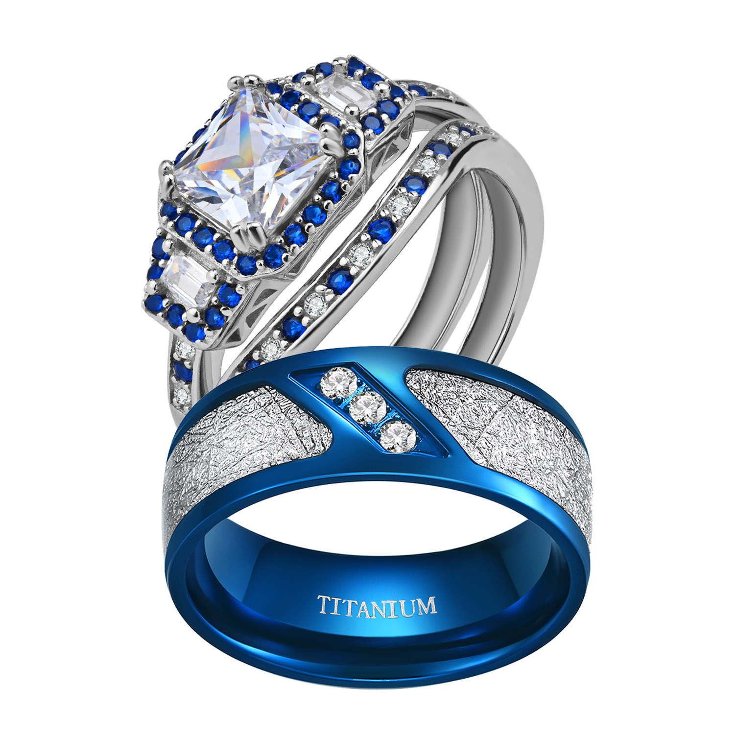 Adjustable Size Couples Wedding Ring Set Women Diamond Sterling Silver 
