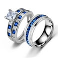 thumbnail image 1 of Adjustable size His and Hers Wedding Ring Sets Couples Rings Sterling Silver Blue Square Moissanite Wedding Engagement Ring Bridal Sets Men's Titanium Wedding Band, 1 of 10