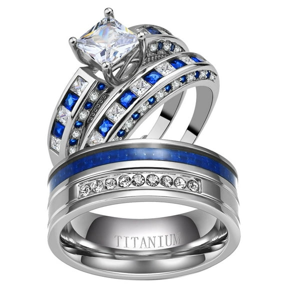 Adjustable size Wedding Ring Sets His And Hers Couples Women 925 Sterling Silver Blue Cz Man Titanium Wedding Bands