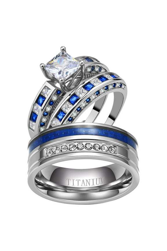 Adjustable size Wedding Ring Sets His And Hers Couples Women 925 Sterling Silver Blue Cz Man Titanium Wedding Bands